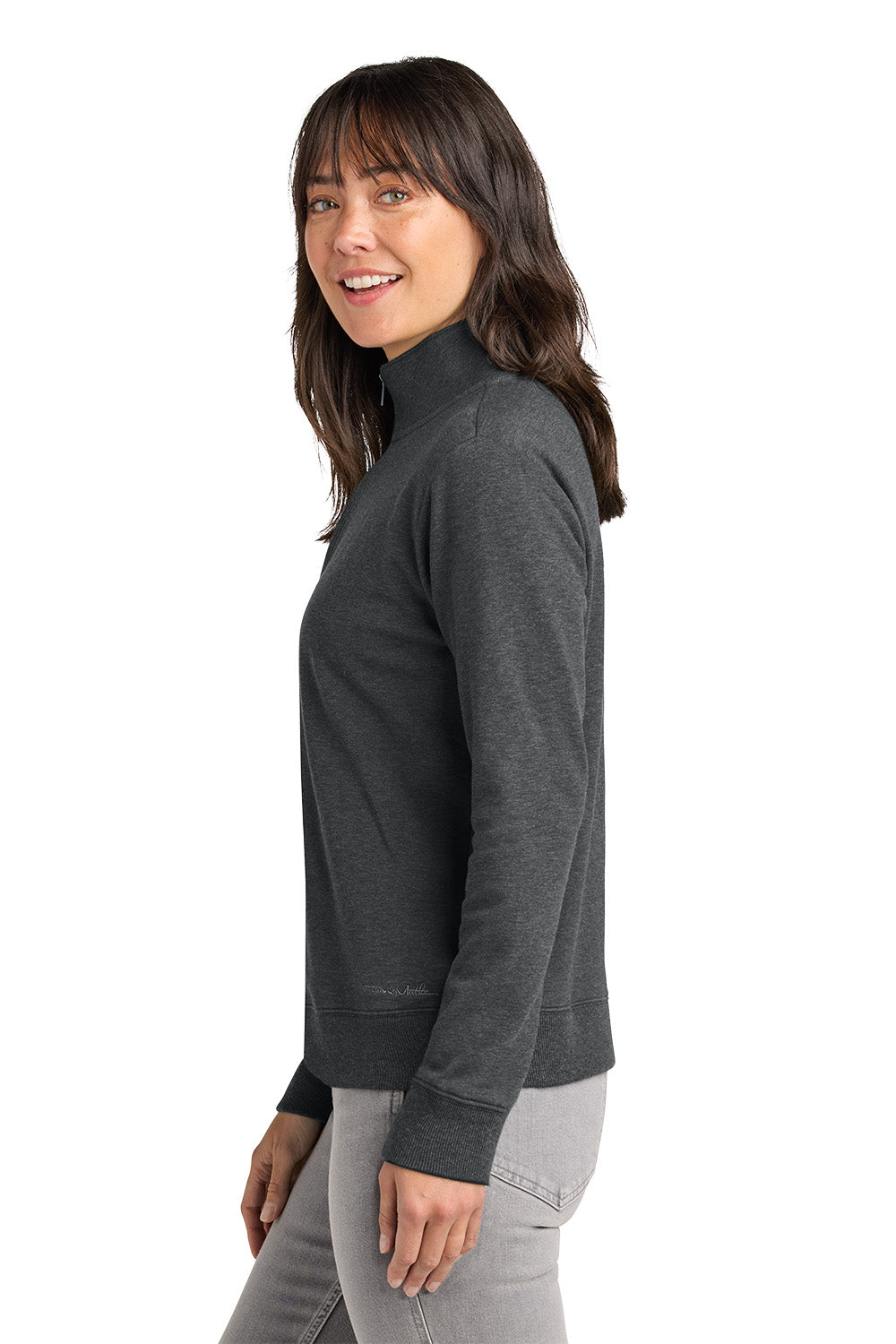 Woman wearing a dark gray turtleneck sweater on a white background. TravisMathew Women's Ocean Villa 1/4-Zip, Embroidered
