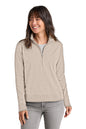 Woman wearing a beige half-zip pullover on a white background. TravisMathew Women's Ocean Villa 1/4-Zip, Embroidered