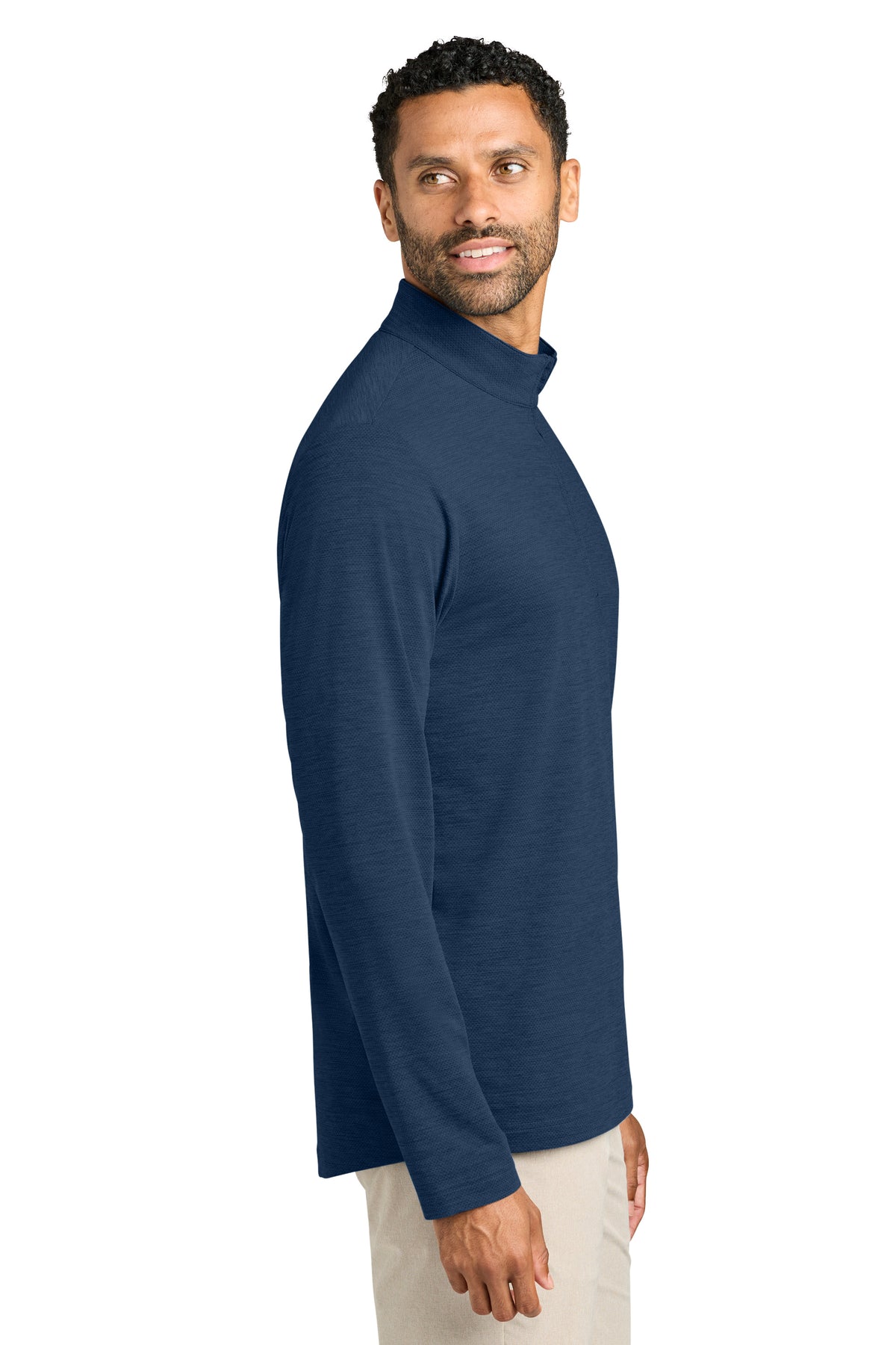 Man wearing a navy blue long-sleeve shirt on a white background. TravisMathew Onward 1/2-Zip, Embroidered