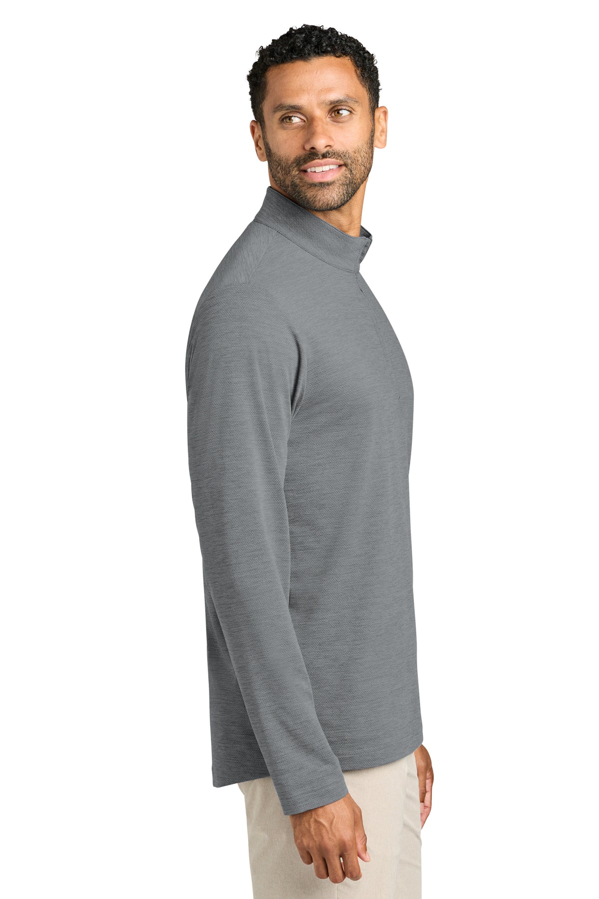 Man wearing a gray long-sleeve shirt on a white background. TravisMathew Onward 1/2-Zip, Embroidered