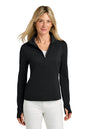 Woman wearing a black long-sleeve quarter-zip shirt on a white background. TravisMathew Women’s Onward 1/2-Zip, Embroidered