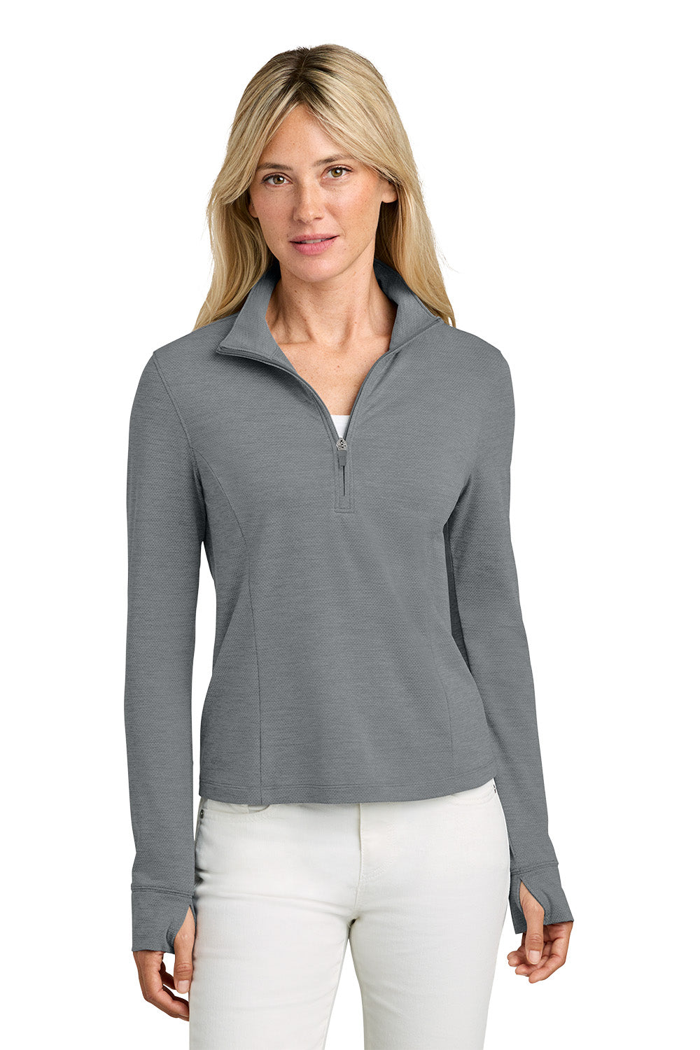 Woman wearing a gray long-sleeve pullover with a quarter-zip on a white background. TravisMathew Women’s Onward 1/2-Zip, Embroidered
