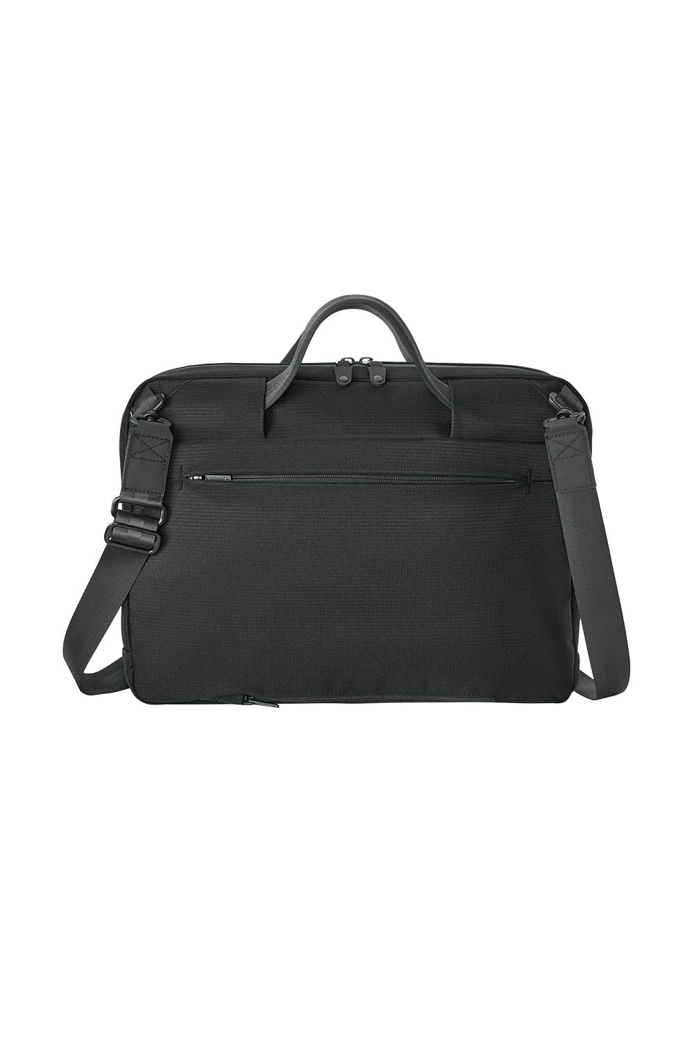 Black briefcase with shoulder strap on a white background embroidered TravisMathew Lateral Brief