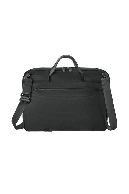 Black briefcase with shoulder strap on a white background embroidered TravisMathew Lateral Brief