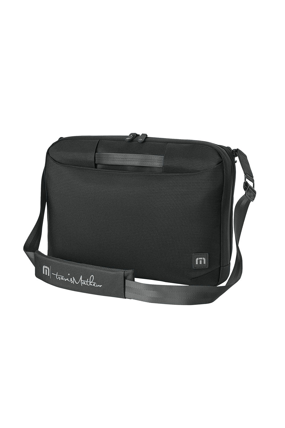 Black messenger bag with a visible brand logo on a white background embroidered TravisMathew Lateral Brief