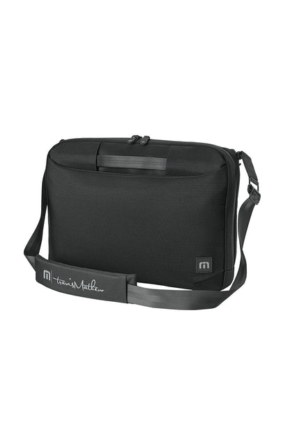 Black messenger bag with a visible brand logo on a white background embroidered TravisMathew Lateral Brief