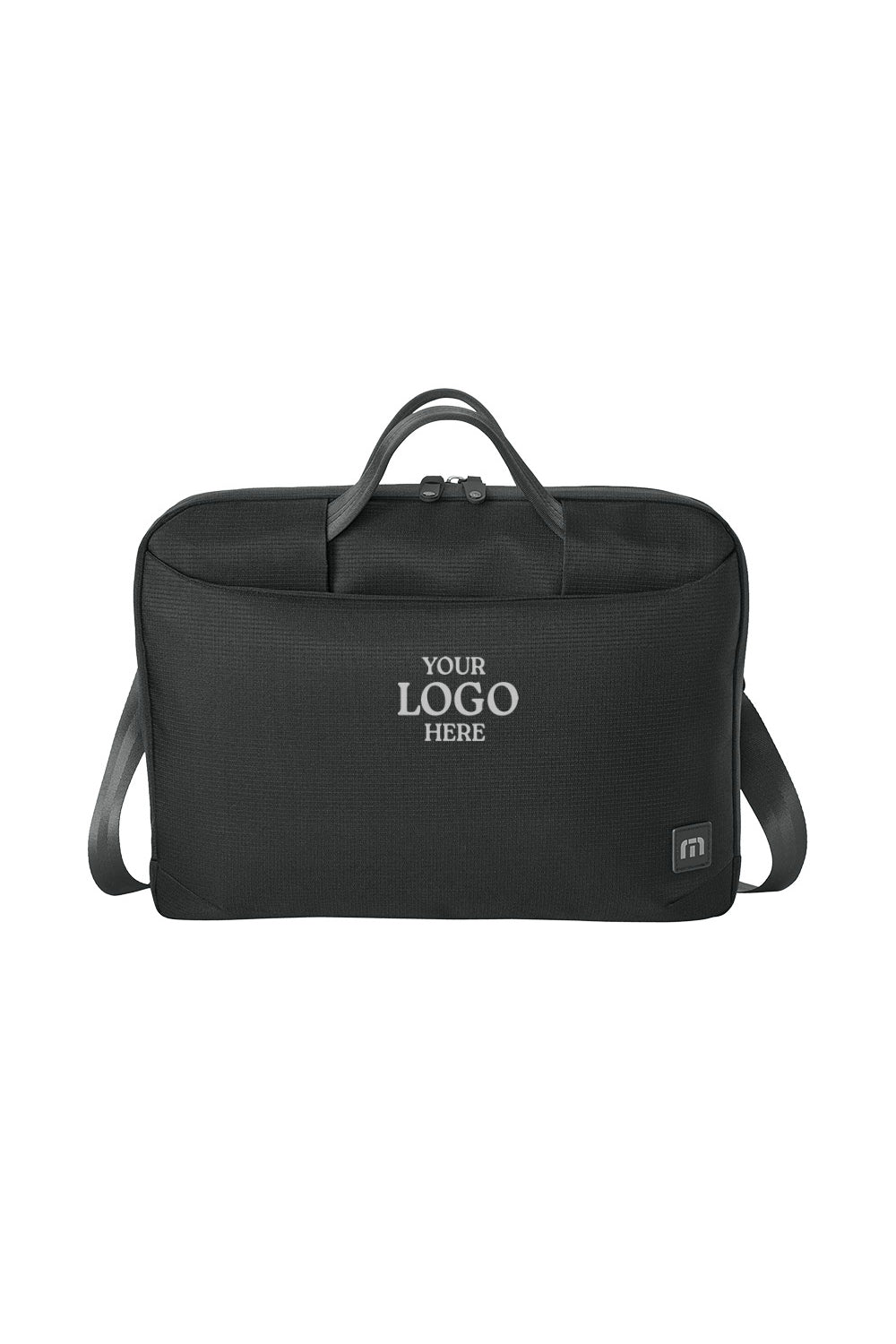 Black bag with space for a logo on a white background embroidered TravisMathew Lateral Brief