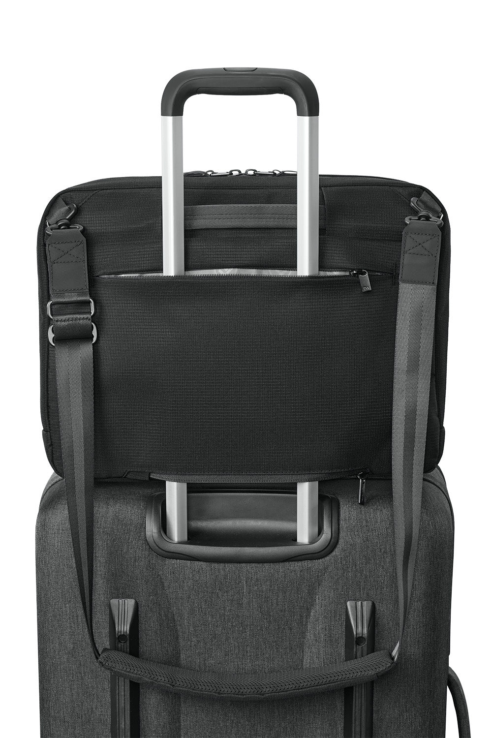 Black rolling suitcase with multiple straps on a white background embroidered TravisMathew Lateral Brief