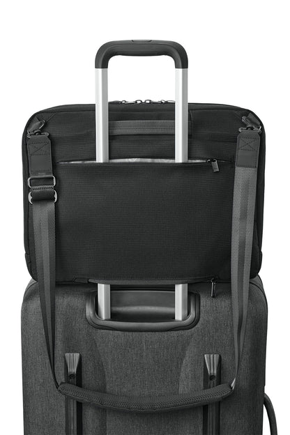 Black rolling suitcase with multiple straps on a white background embroidered TravisMathew Lateral Brief