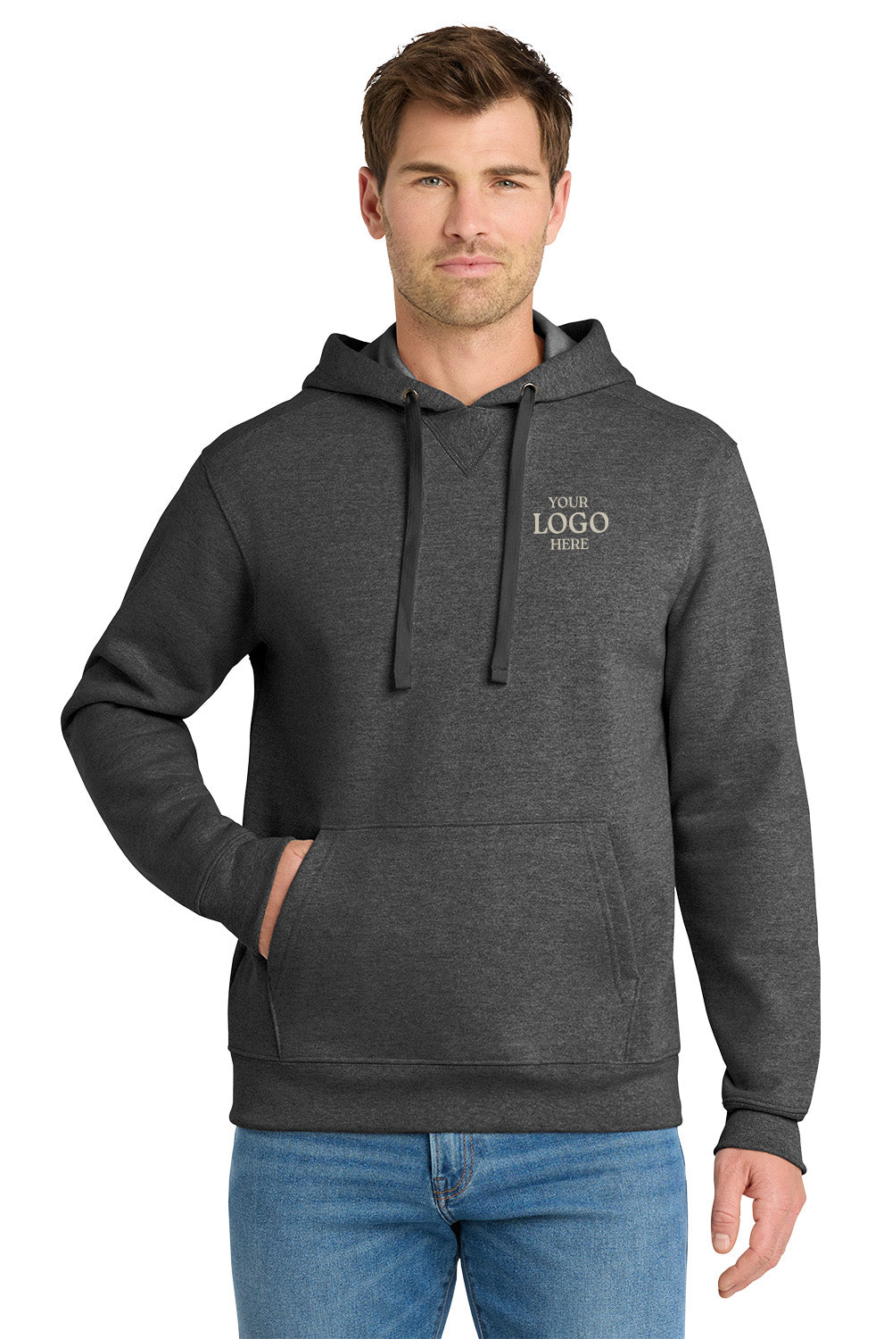 Man wearing a dark gray hoodie with space for a logo on a white background, Embroidered Volunteer Knitwear™ Chore Fleece Pullover Hoodie