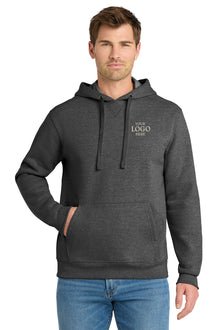 Man wearing a dark gray hoodie with space for a logo on a white background, Embroidered Volunteer Knitwear™ Chore Fleece Pullover Hoodie
