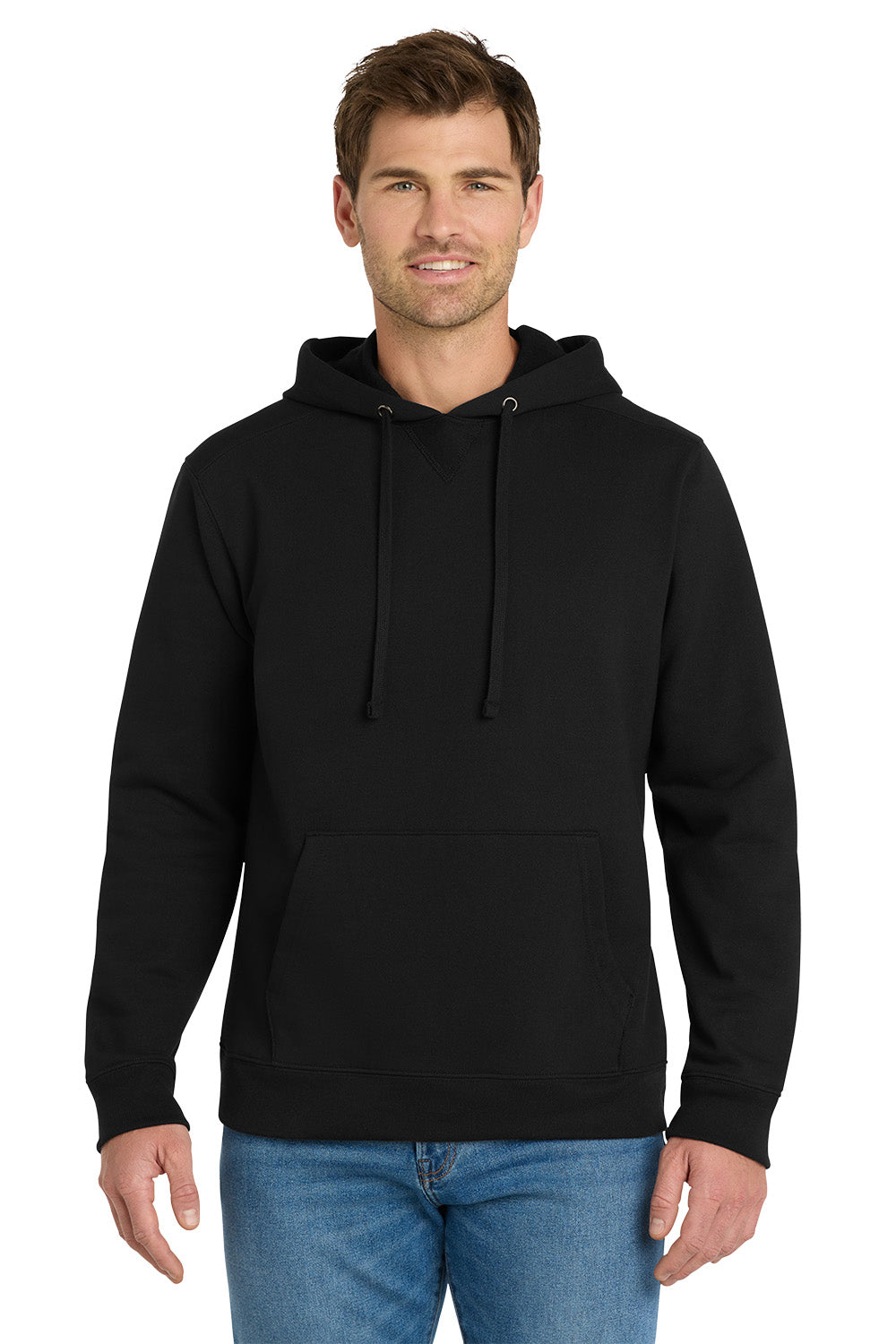 Man wearing a black hoodie and blue jeans on a white background, Embroidered Volunteer Knitwear™ Chore Fleece Pullover Hoodie