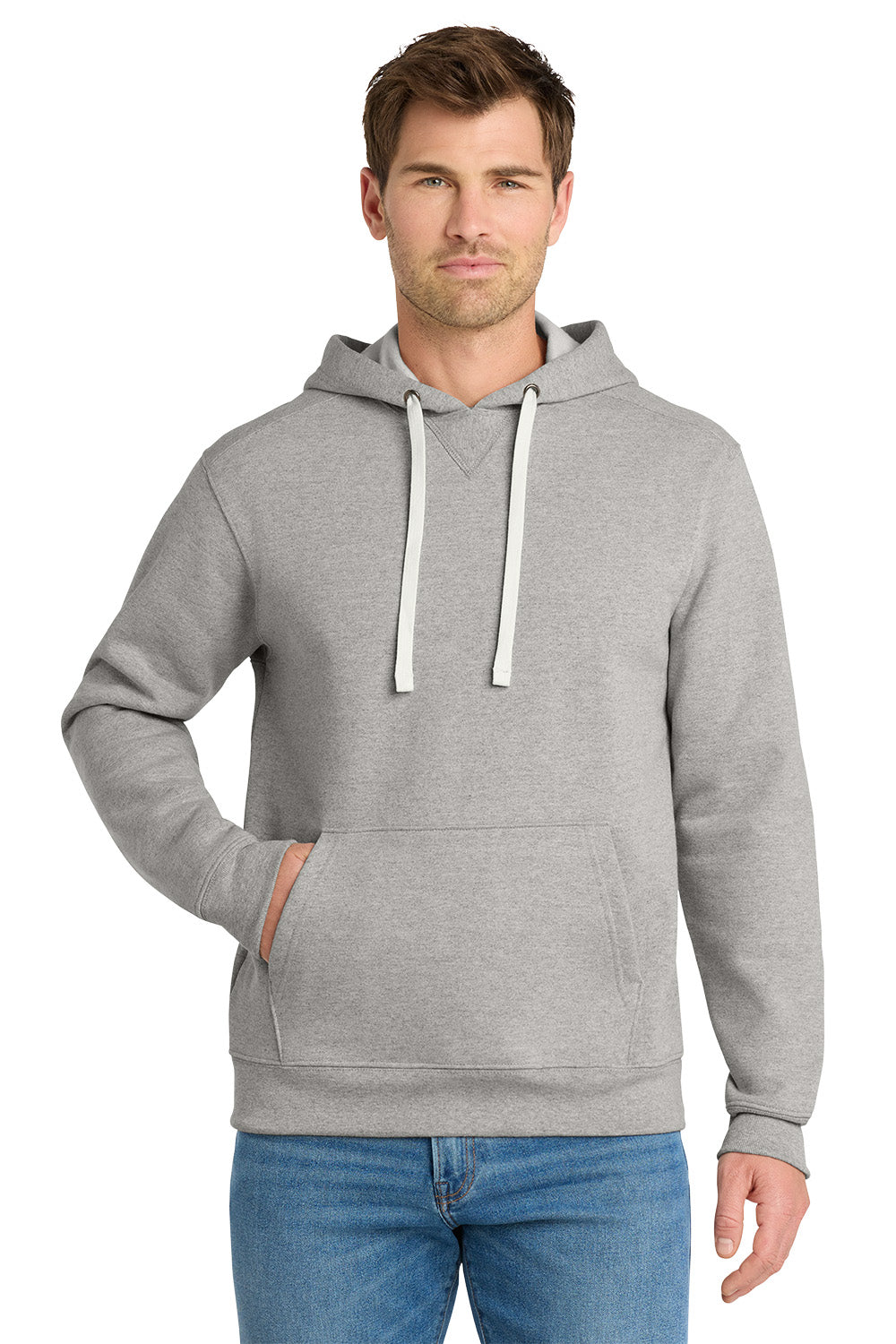 Man wearing a gray hoodie with white drawstrings on a white background, Embroidered Volunteer Knitwear™ Chore Fleece Pullover Hoodie