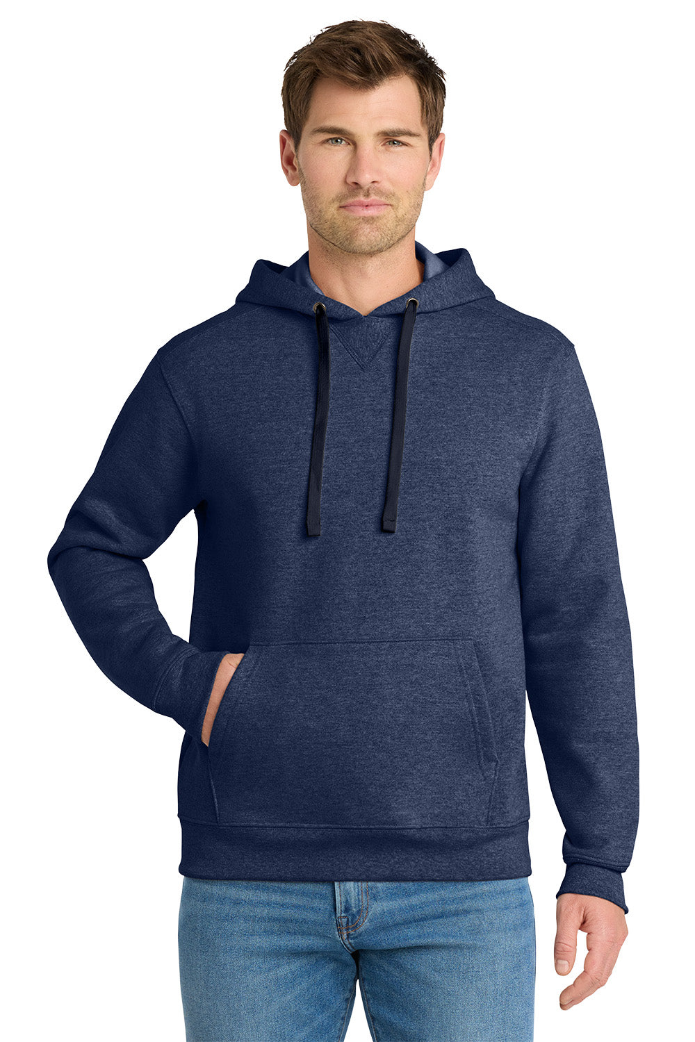Man wearing a navy blue hoodie on a white background, Embroidered Volunteer Knitwear™ Chore Fleece Pullover Hoodie