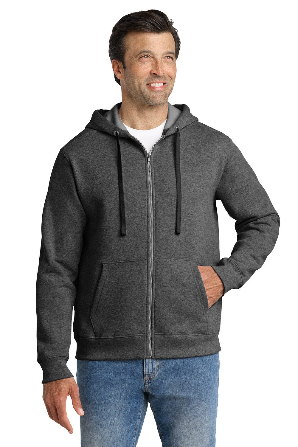 Man wearing a gray hoodie and blue jeans on a white background, Embroidered Volunteer Knitwear™ Chore Fleece Full-Zip Hoodie