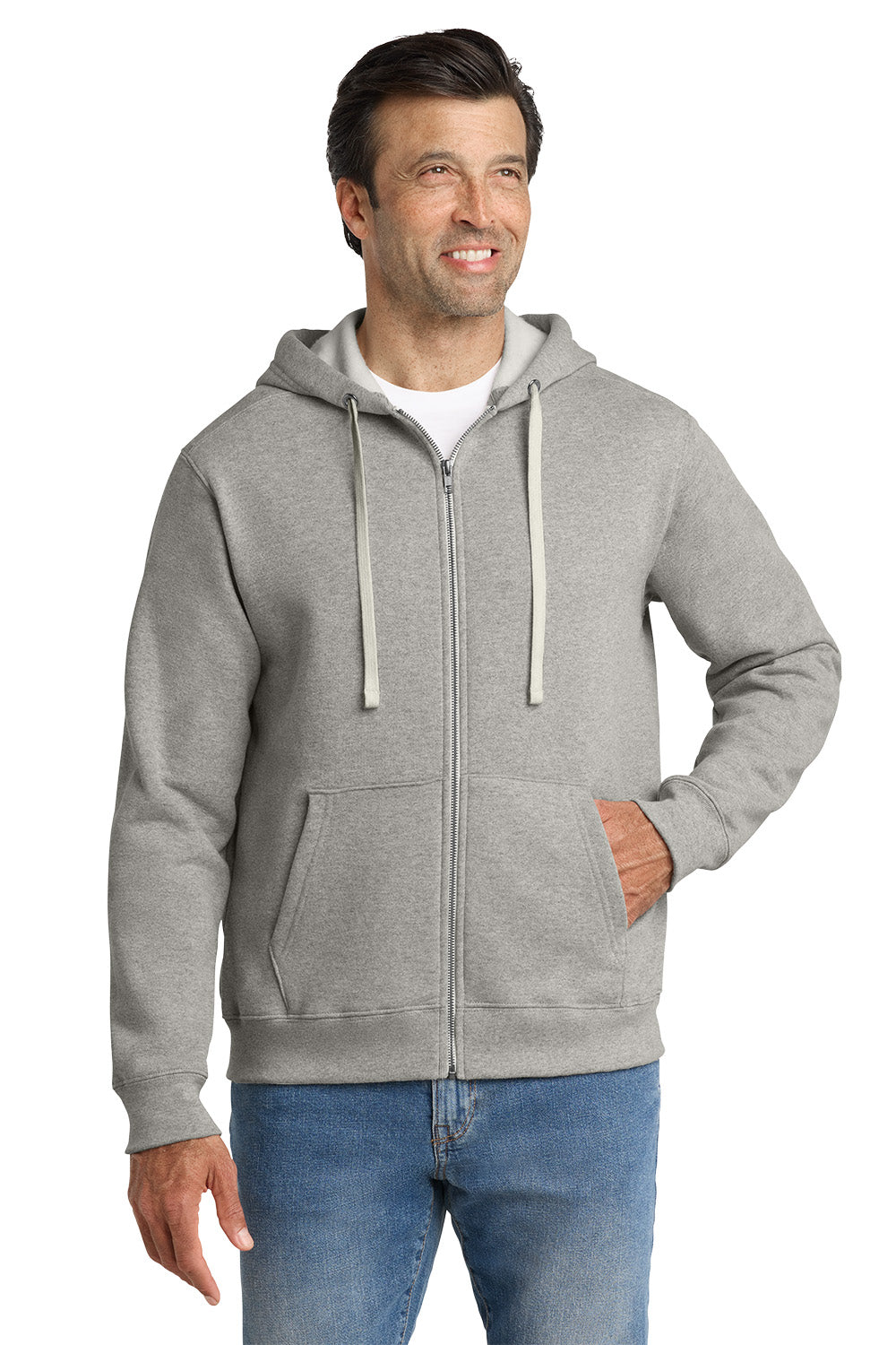 Man wearing a gray hoodie with a white background, Embroidered Volunteer Knitwear™ Chore Fleece Full-Zip Hoodie