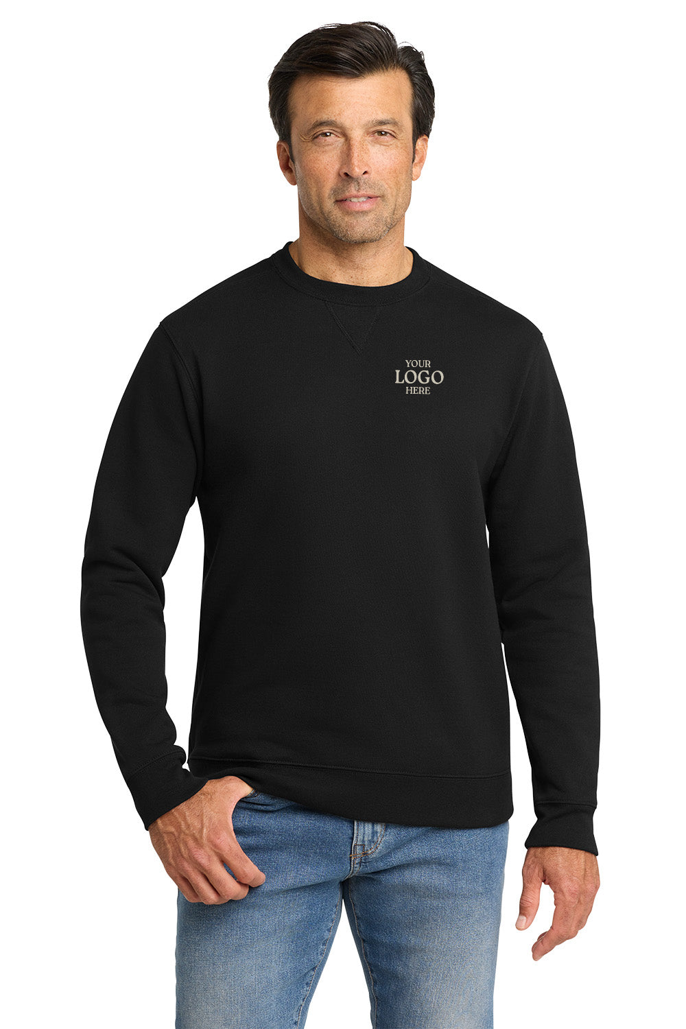Man wearing a black sweatshirt with 'YOUR LOGO' text on a white background, embroidered Volunteer Knitwear™ Chore Fleece Crewneck