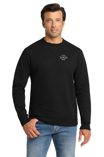 Man wearing a black sweatshirt with 'YOUR LOGO' text on a white background, embroidered Volunteer Knitwear™ Chore Fleece Crewneck