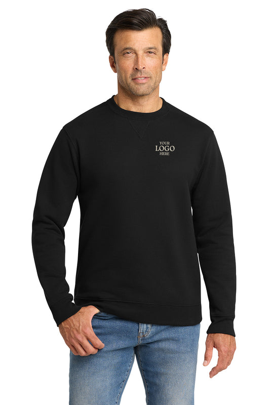 Man wearing a black sweatshirt with 'YOUR LOGO' text on a white background, embroidered Volunteer Knitwear™ Chore Fleece Crewneck