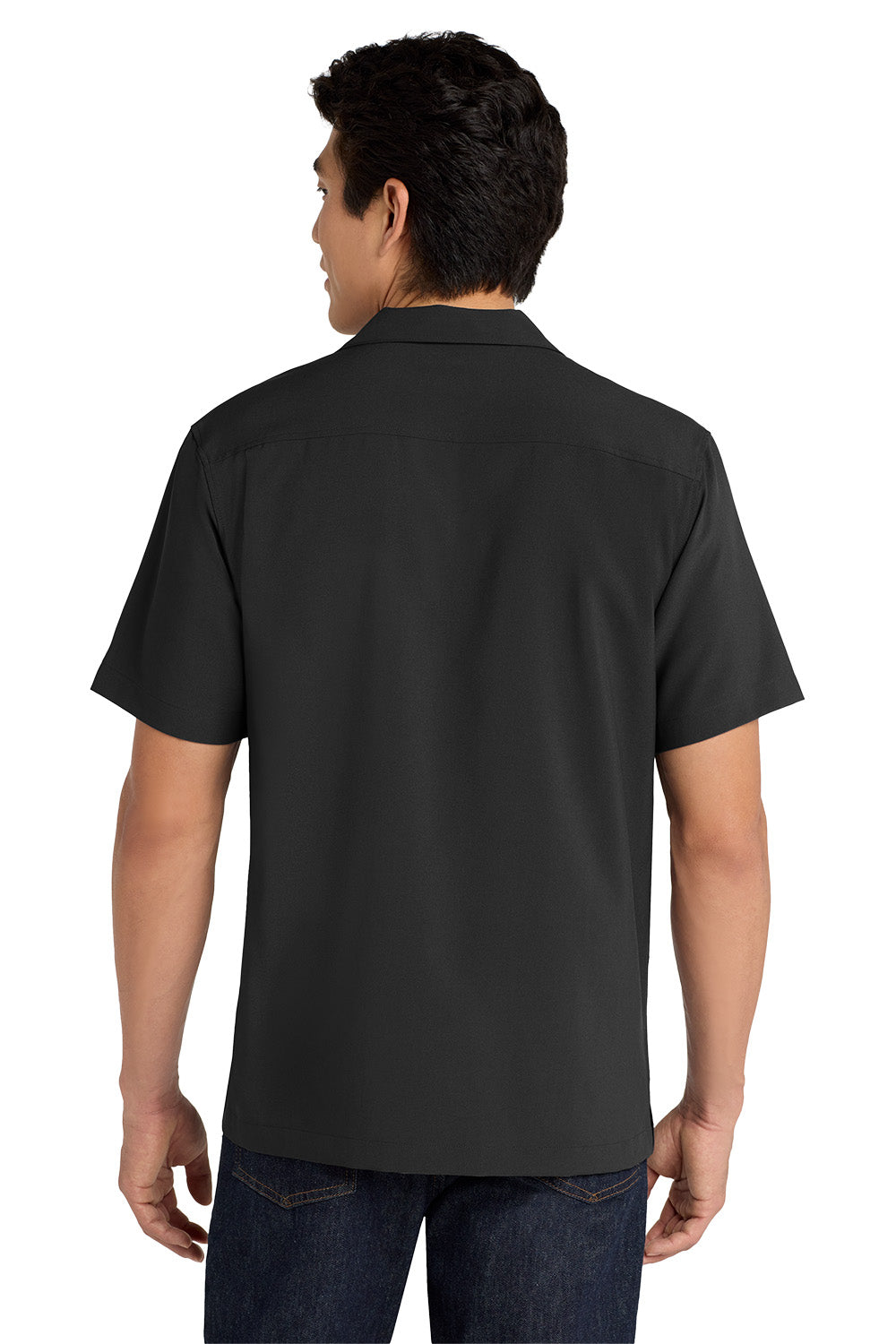 Person wearing a black polo shirt on a white background embroidered Port Authority ® Short Sleeve Performance Staff Shirt
