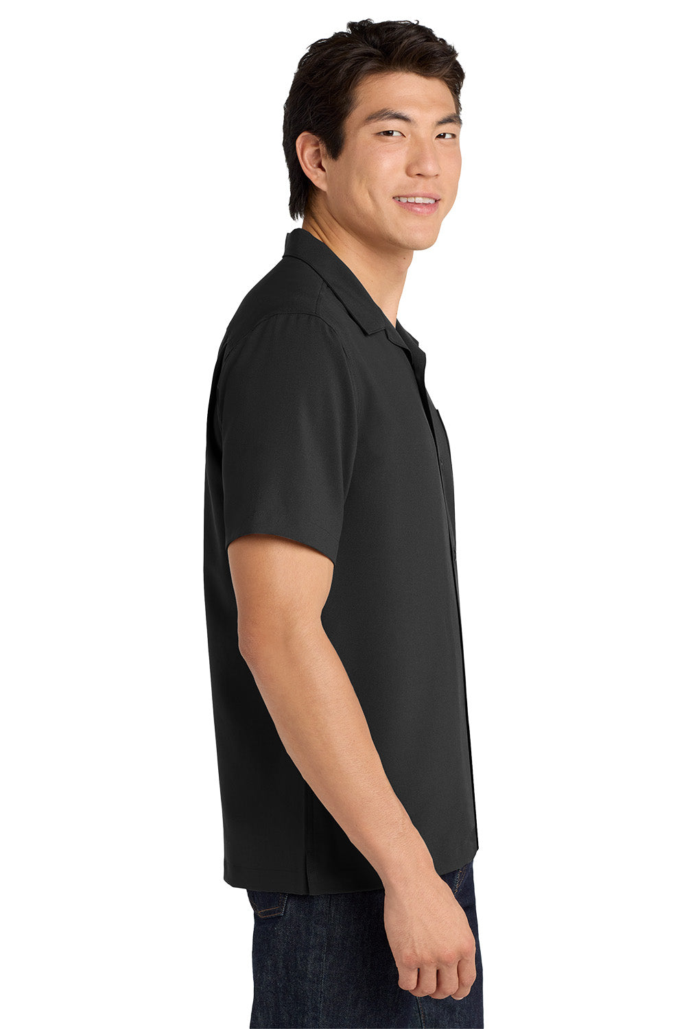 Man wearing a black polo shirt on a white background embroidered Port Authority ® Short Sleeve Performance Staff Shirt