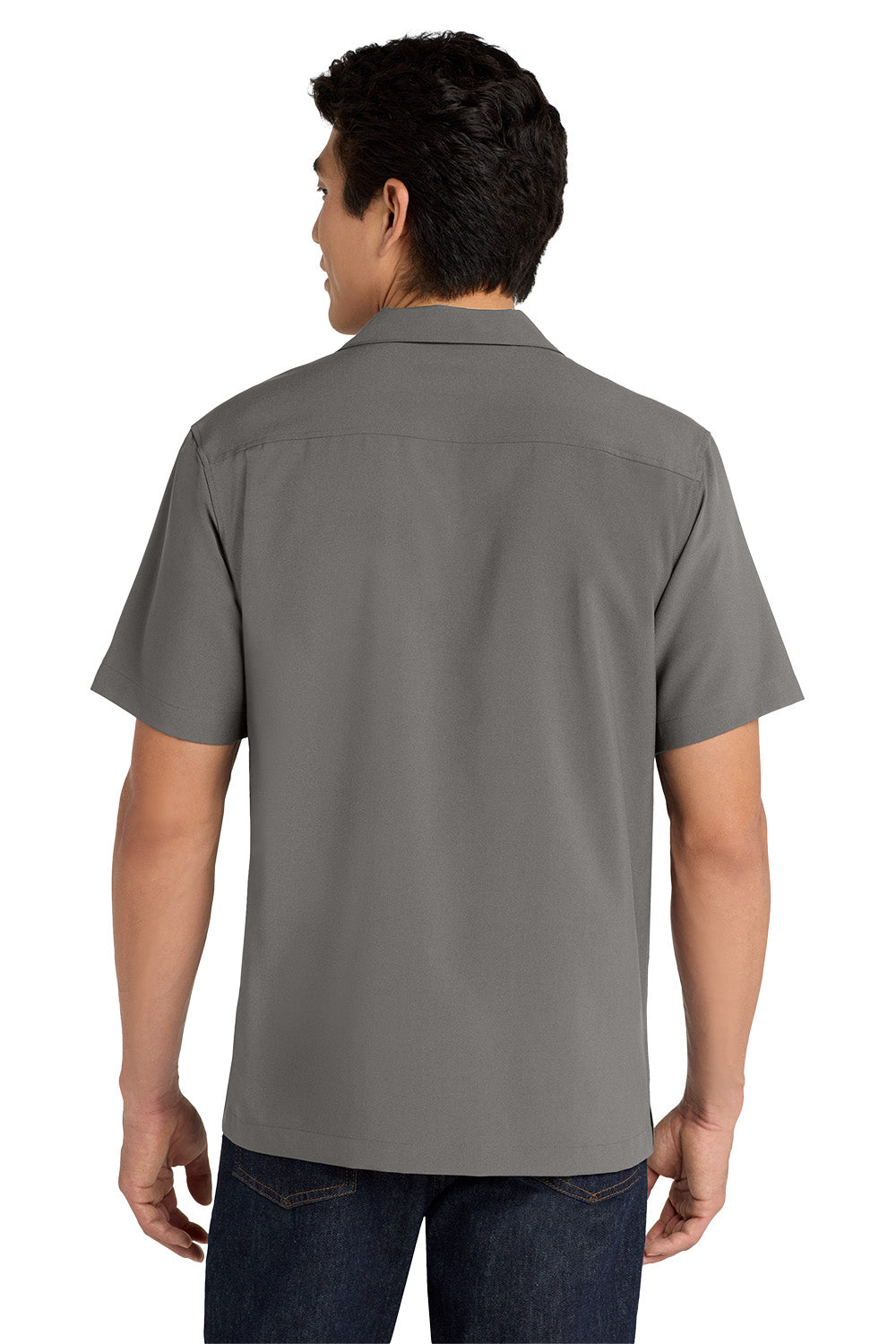 Person wearing a gray short-sleeve shirt on a white background embroidered Port Authority ® Short Sleeve Performance Staff Shirt