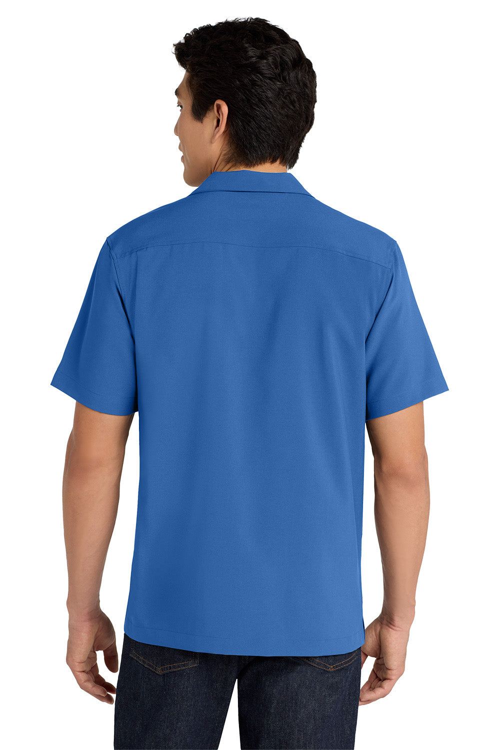 Person wearing a blue polo shirt on a white background embroidered Port Authority ® Short Sleeve Performance Staff Shirt