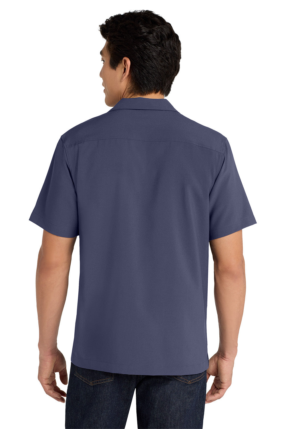 Person wearing a navy blue short-sleeve shirt on a white background embroidered Port Authority ® Short Sleeve Performance Staff Shirt