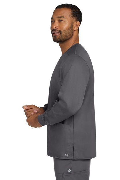 Man wearing a gray medical scrub top on a white background Wink® Unisex WorkFlex Snap-Front Scrub Jacket, Embroidered