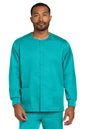 Man wearing a teal scrub set on a white background Wink® Unisex WorkFlex Snap-Front Scrub Jacket, Embroidered
