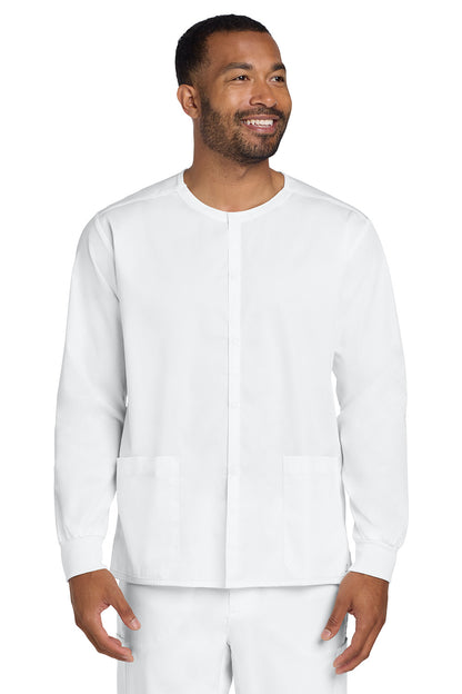 Man wearing a white long-sleeve shirt and pants on a white background Wink® Unisex WorkFlex Snap-Front Scrub Jacket, Embroidered