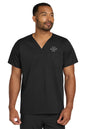 Man wearing a black V-neck shirt with 'Your Logo Here' text on a white background embroidered Wink® Unisex WorkFlex Chest Pocket V-Neck Top