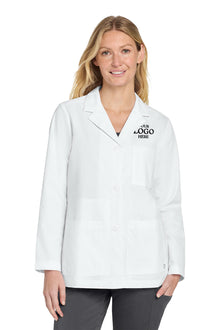 Woman wearing a white lab coat with a logo on a white background embroidered Wink® Women’s Consultation Lab Coat