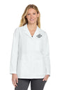 Woman wearing a white lab coat with a logo on a white background embroidered Wink® Women’s Consultation Lab Coat