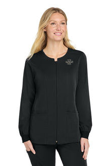 Black scrub top with a customizable logo on a white background Wink® Women’s Premiere Flex™ Full-Zip Scrub Jacket, Embroidered