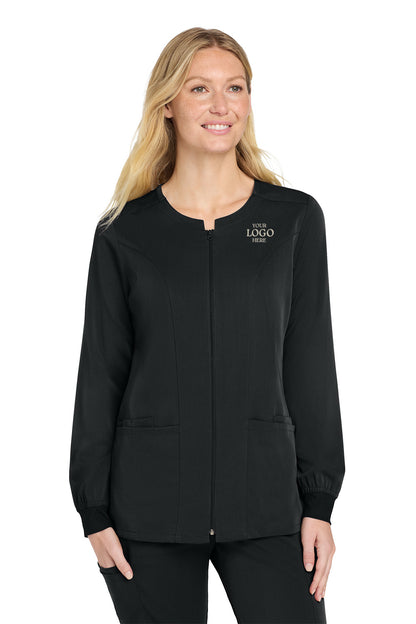 Black scrub top with a customizable logo on a white background Wink® Women’s Premiere Flex™ Full-Zip Scrub Jacket, Embroidered
