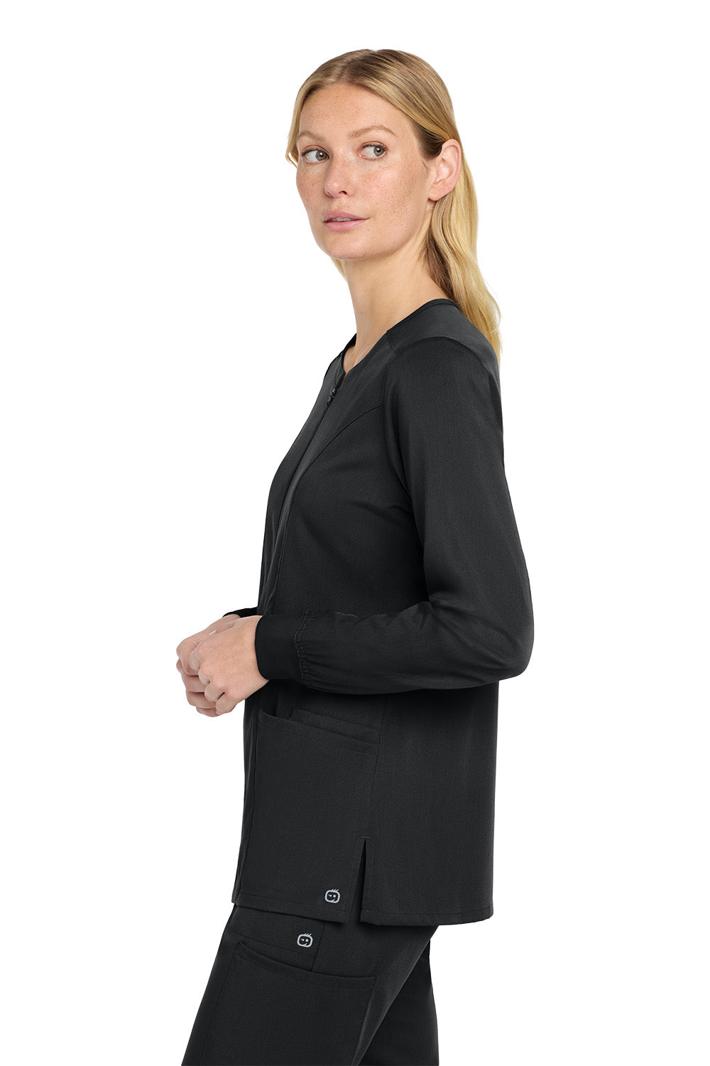 Woman wearing a black blazer on a white background Wink® Women’s Premiere Flex™ Full-Zip Scrub Jacket, Embroidered