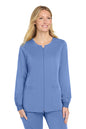 Woman wearing a blue scrub top on a white background Wink® Women’s Premiere Flex™ Full-Zip Scrub Jacket, Embroidered