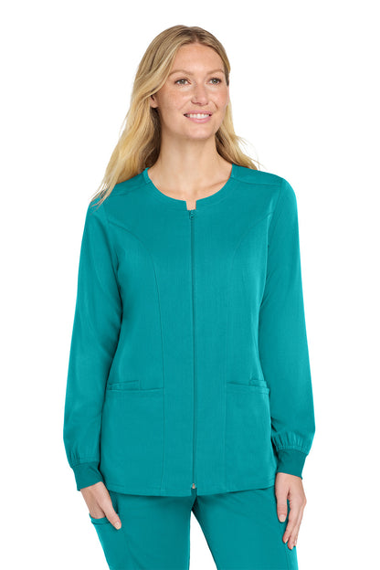 Woman wearing a teal scrub top and pants on a white background Wink® Women’s Premiere Flex™ Full-Zip Scrub Jacket, Embroidered