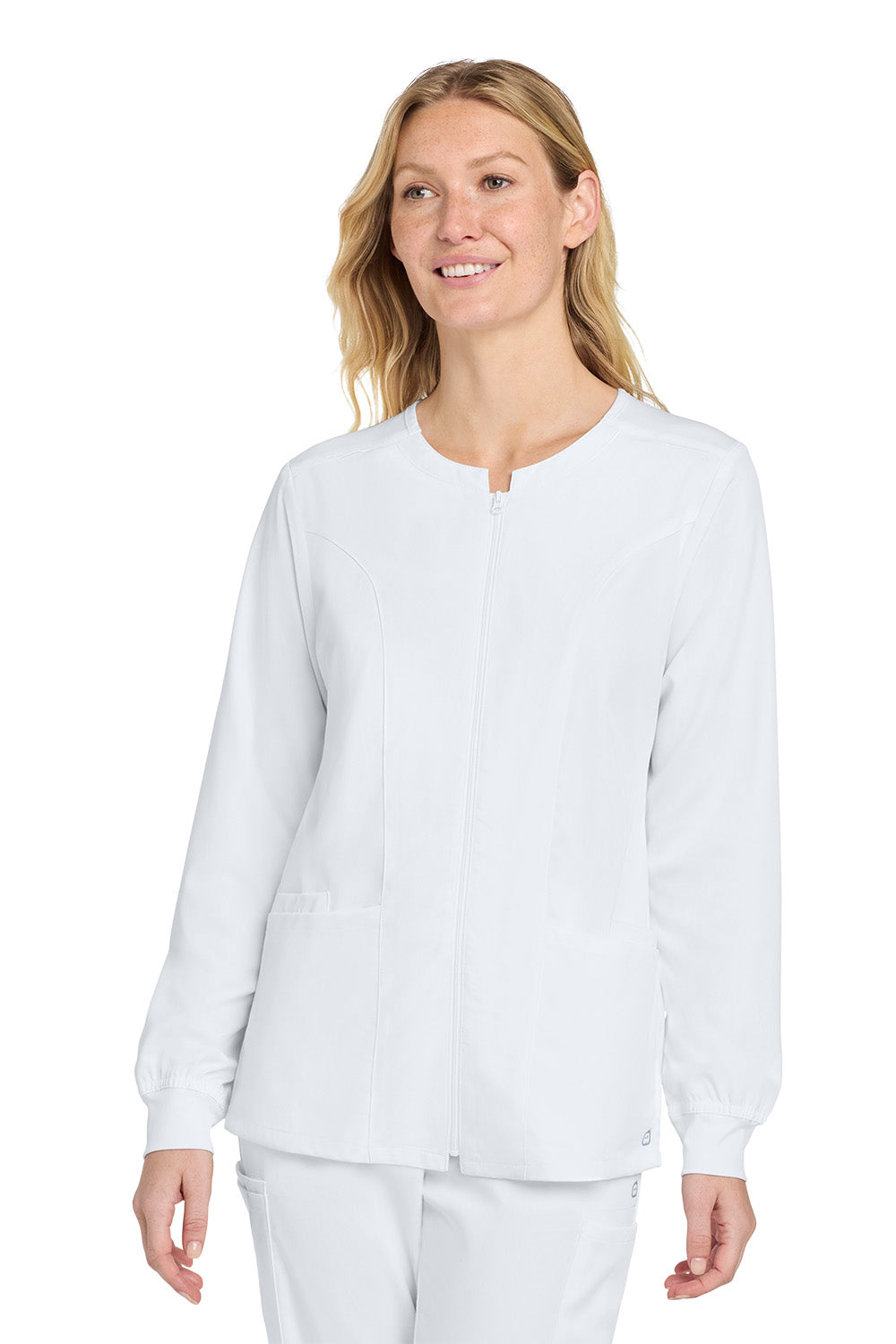 Woman wearing a light gray blouse on a white background Wink® Women’s Premiere Flex™ Full-Zip Scrub Jacket, Embroidered