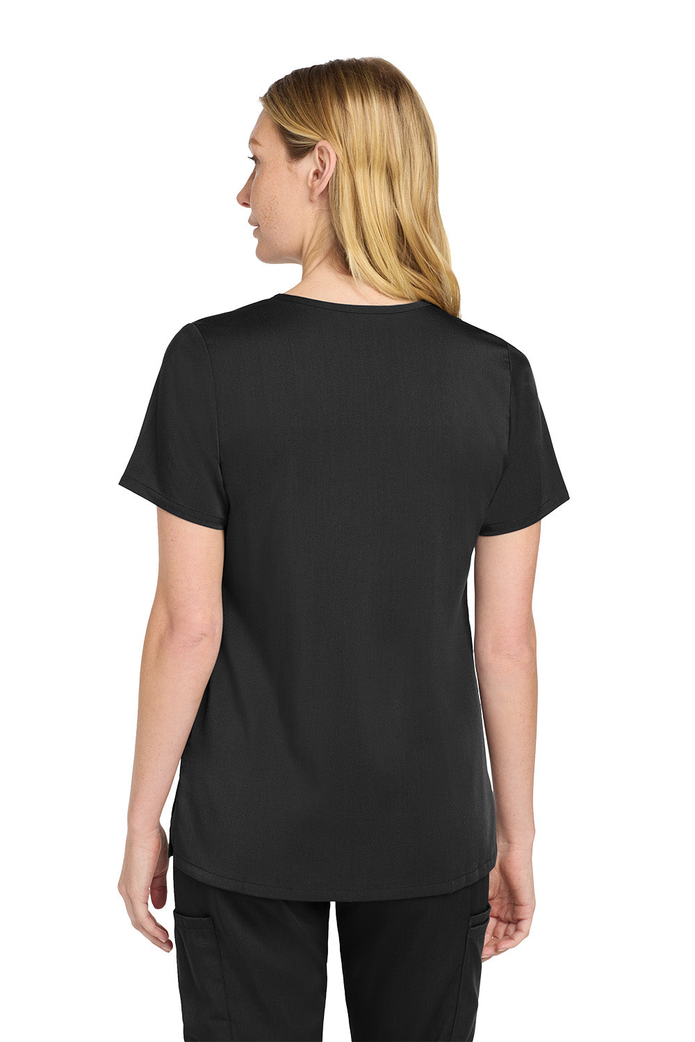 Person wearing a black t-shirt and pants on a white background Wink® Women’s Premiere Flex™ Top, Embroidered