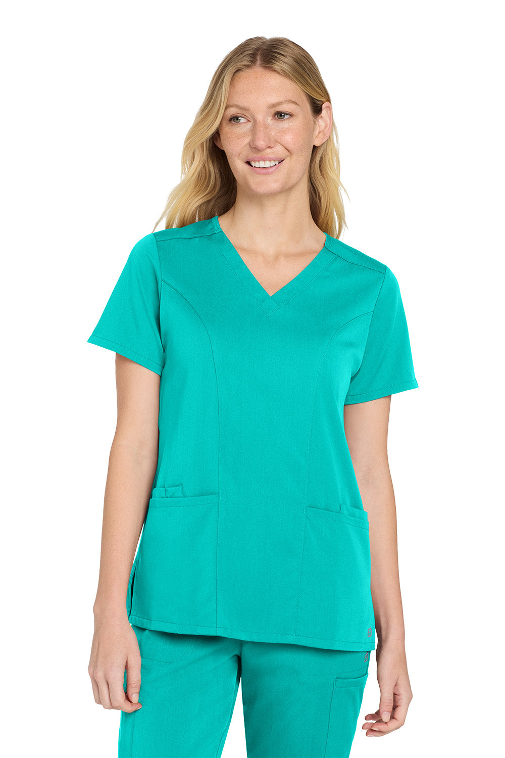 Woman wearing a teal scrub set on a white background Wink® Women’s Premiere Flex™ Top, Embroidered