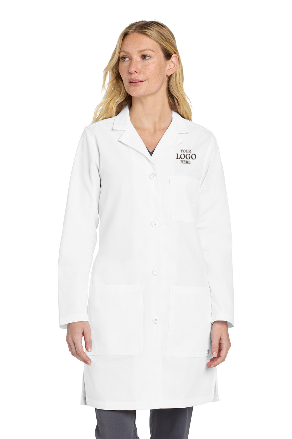 White lab coat with customizable logo on a white background Wink® Women’s Consultation Lab Coat, Embroidered