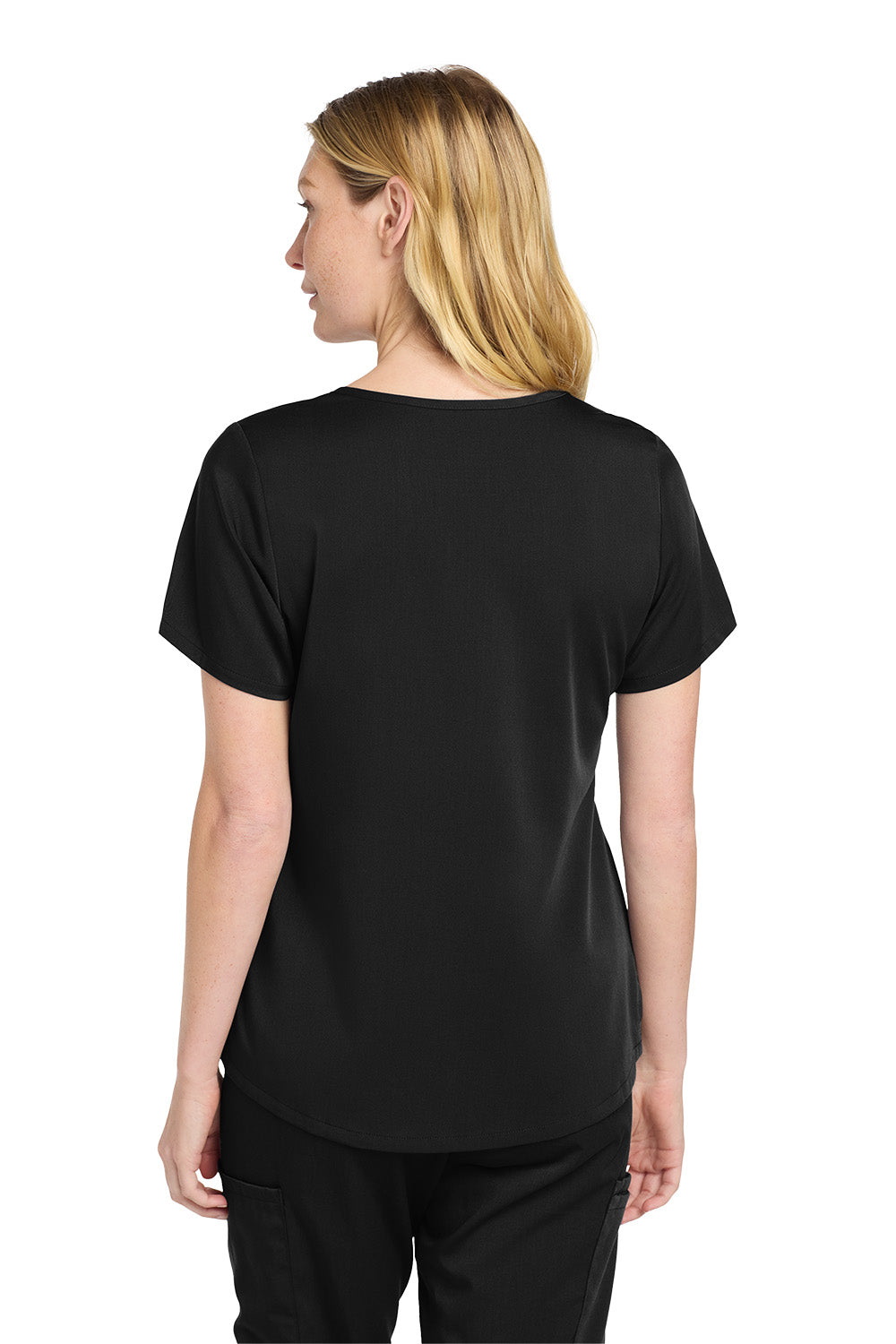 Woman wearing a black t-shirt on a white background Wink® Women’s Premiere Flex™ Top, Embroidered