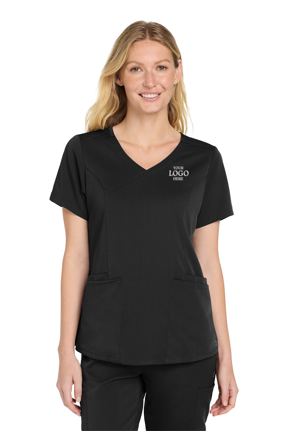 Woman wearing a black V-neck scrub top with a logo on the chest against a white background Wink® Women’s Premiere Flex™ Top, Embroidered