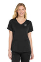 Woman wearing a black V-neck scrub top with a logo on the chest against a white background Wink® Women’s Premiere Flex™ Top, Embroidered
