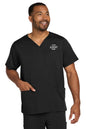 Man wearing a black scrub top with a customizable logo area on a white background Wink® Men's Premiere Flex™ V-Neck Top