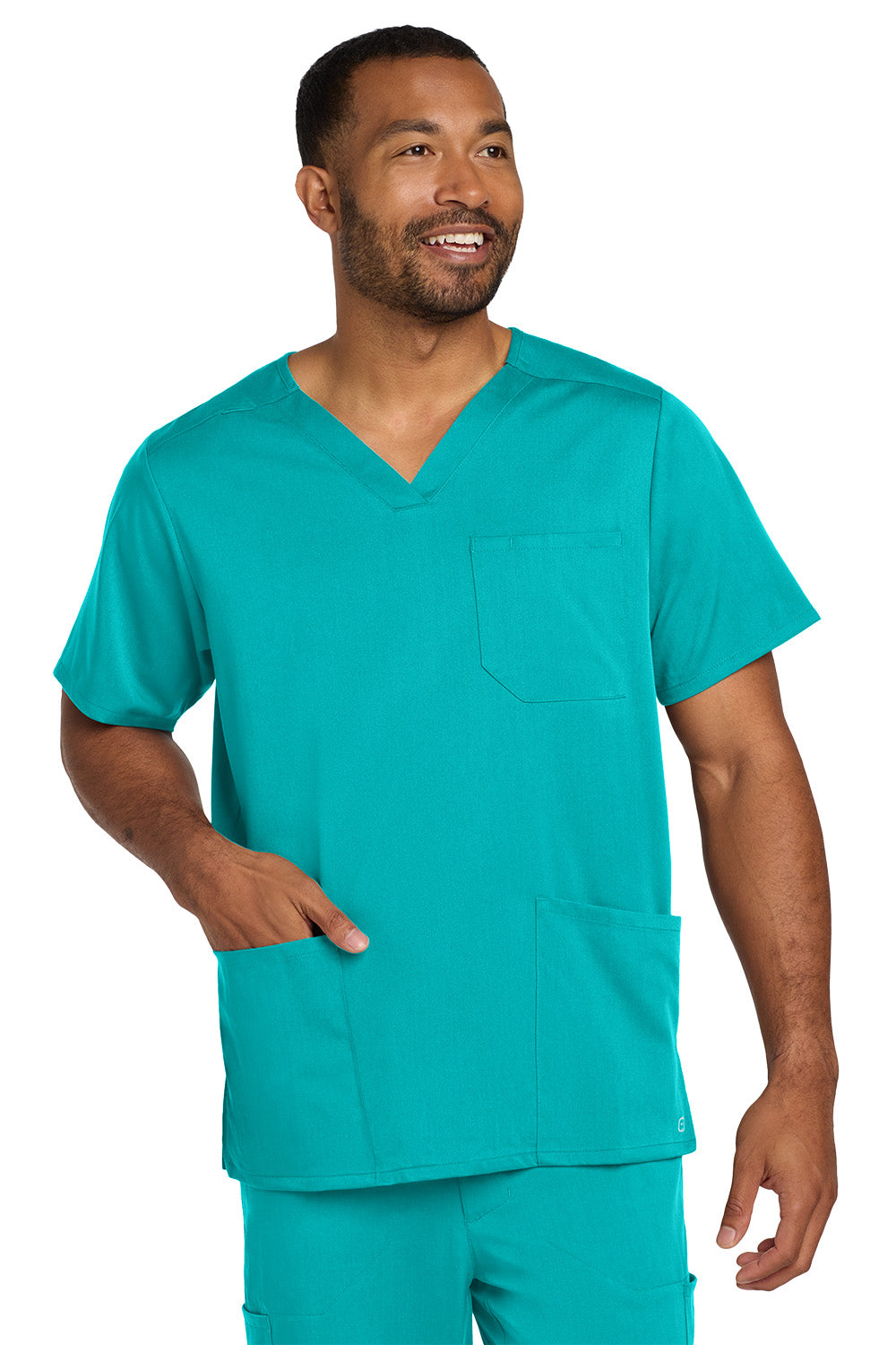 Man wearing teal medical scrubs on a white background Wink® Men's Premiere Flex™ V-Neck Top