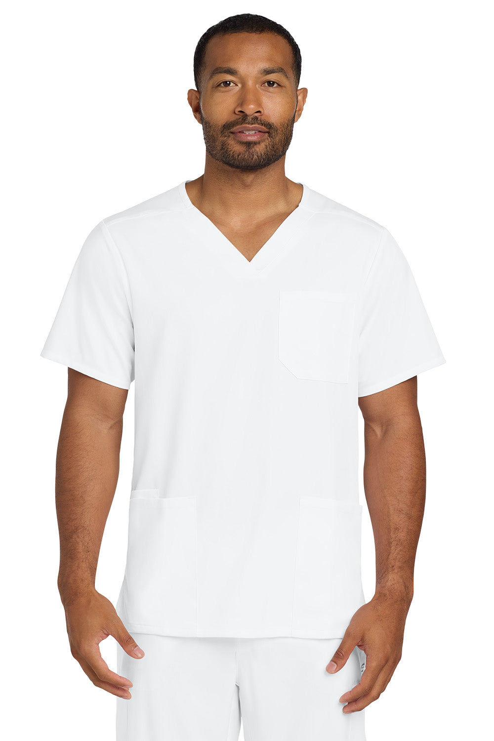 Man wearing a plain white V-neck t-shirt on a white background Wink® Men's Premiere Flex™ V-Neck Top