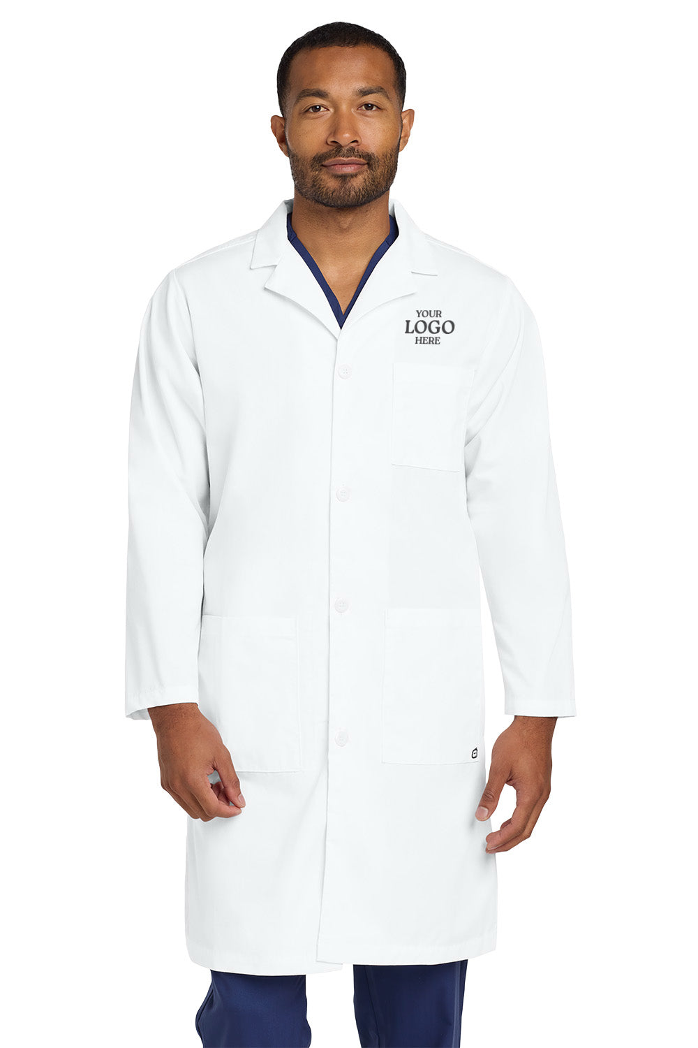 Person wearing a white lab coat with space for customization on a white background Wink® Men's Consultation Lab Coat, Embroidered